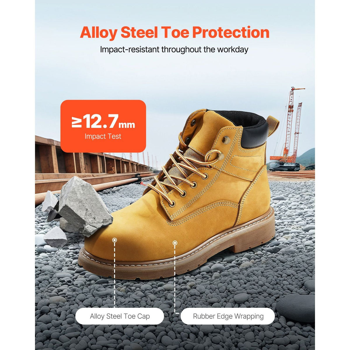 Steel Toe Work Boots, US Size 13, Waterproof Work Boots for Men, Slip-Resistant Work Boot, Lightweight and Breathable Rubber Sole Mens Boots for Industry Construction, Brown Yellow