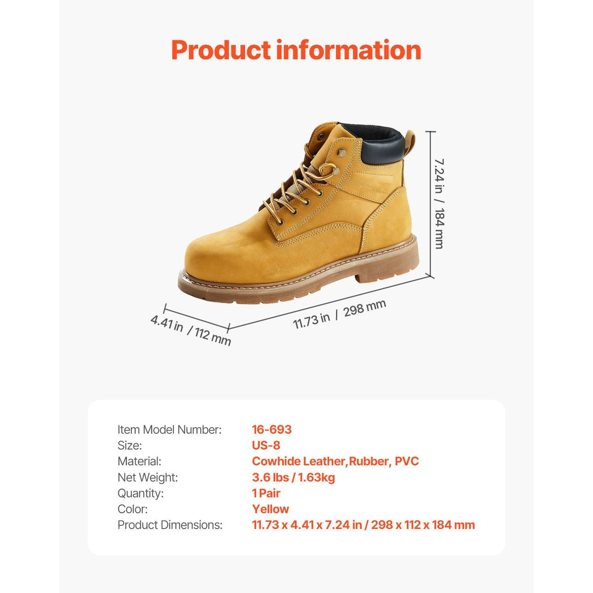 Steel Toe Work Boots, US Size 8, Waterproof Work Boots for Men, Slip-Resistant Work Boot, Lightweight and Breathable Rubber Sole Mens Boots for Industry Construction, Brown Yellow