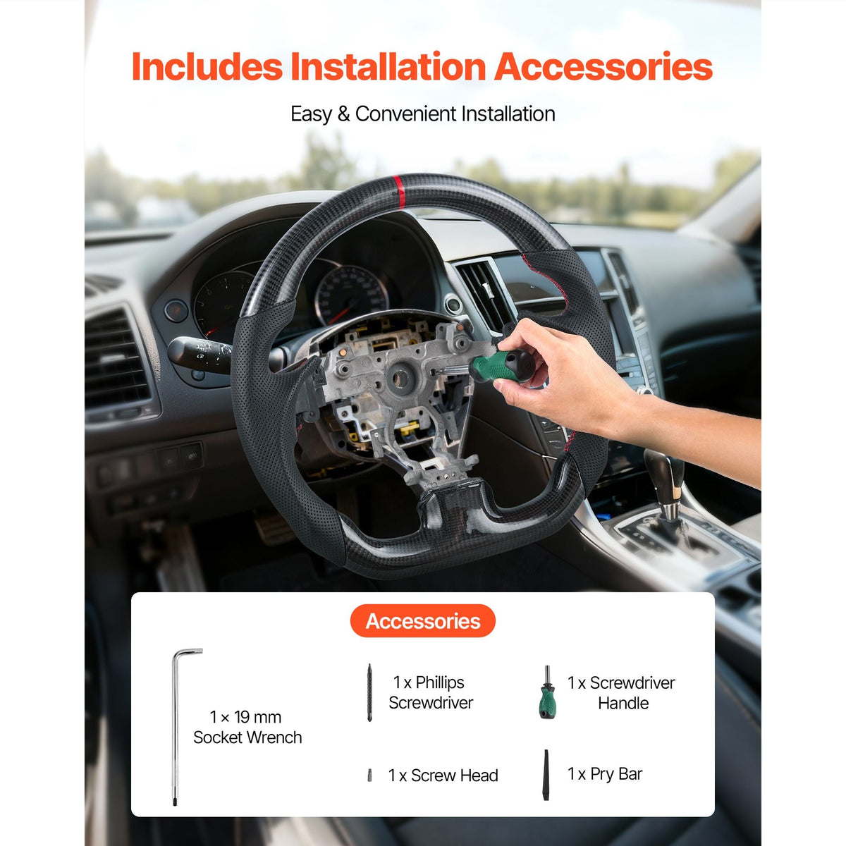Steering Wheel for 2007-2013 Infiniti G37, Carbon Fiber Steering Wheel D-Shaped Flat-Bottom, Leather Grip with Non-Slip Texture & Precise Stitching, Accessories Replacement for Infiniti, Black
