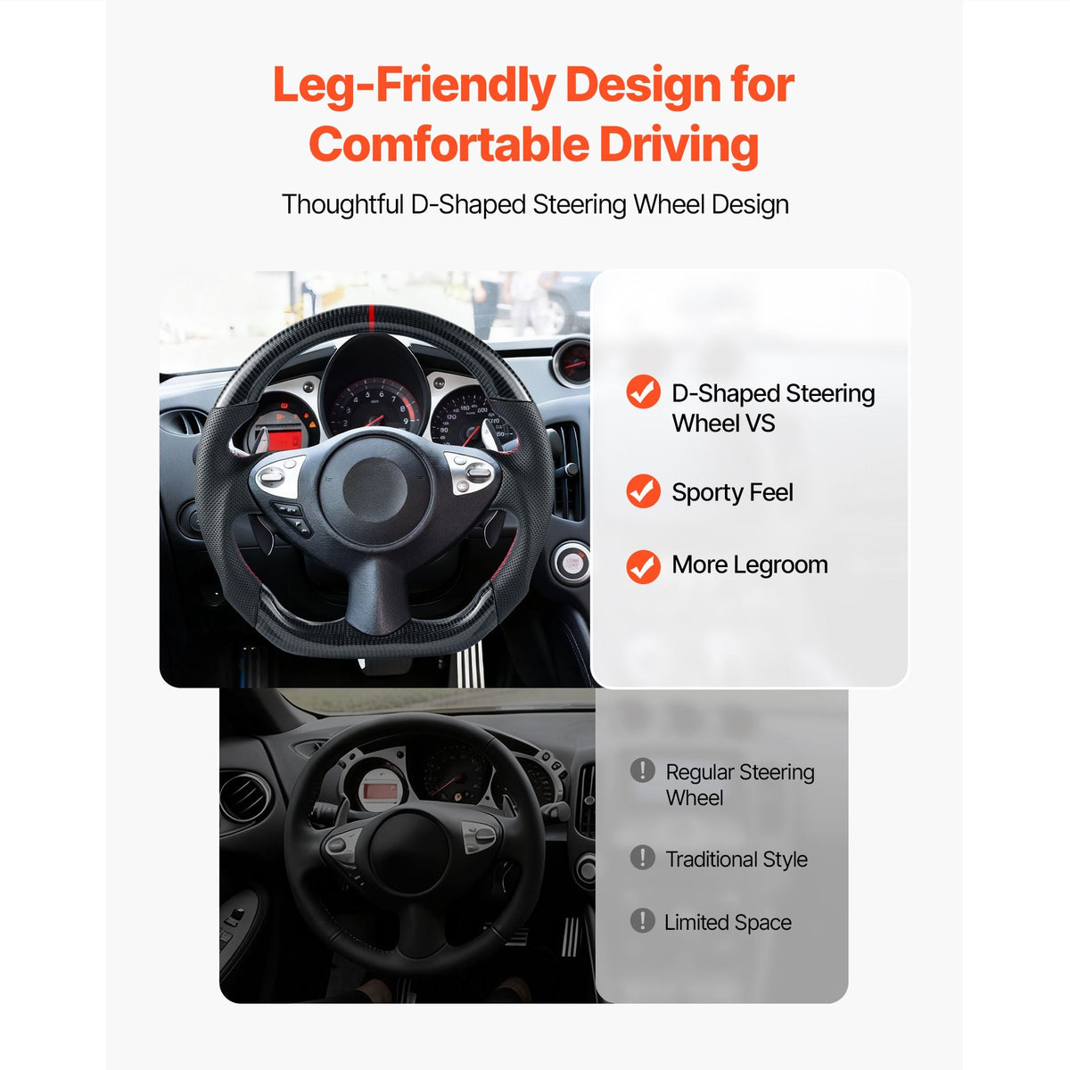 Steering Wheel for 2008-2020 Nissan 370Z, Carbon Fiber Steering Wheel D-Shaped Flat-Bottom, Leather Grip with Non-Slip Texture & Precise Stitching, Accessories Replacement for Nissan 370Z, Black