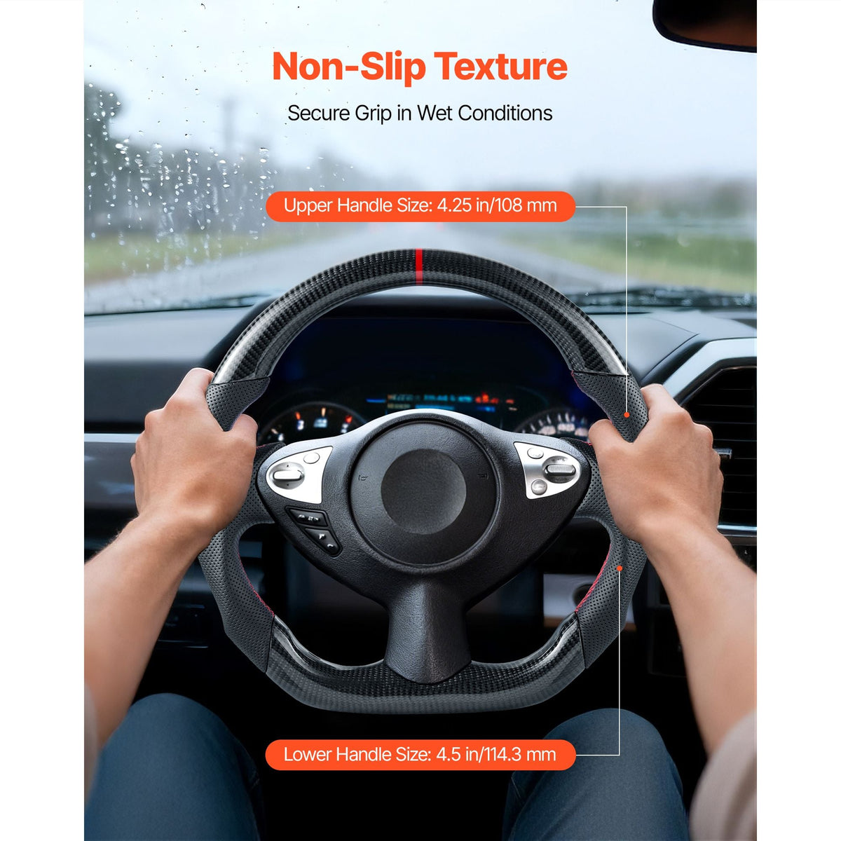 Steering Wheel for 2008-2020 Nissan 370Z, Carbon Fiber Steering Wheel D-Shaped Flat-Bottom, Leather Grip with Non-Slip Texture & Precise Stitching, Accessories Replacement for Nissan 370Z, Black