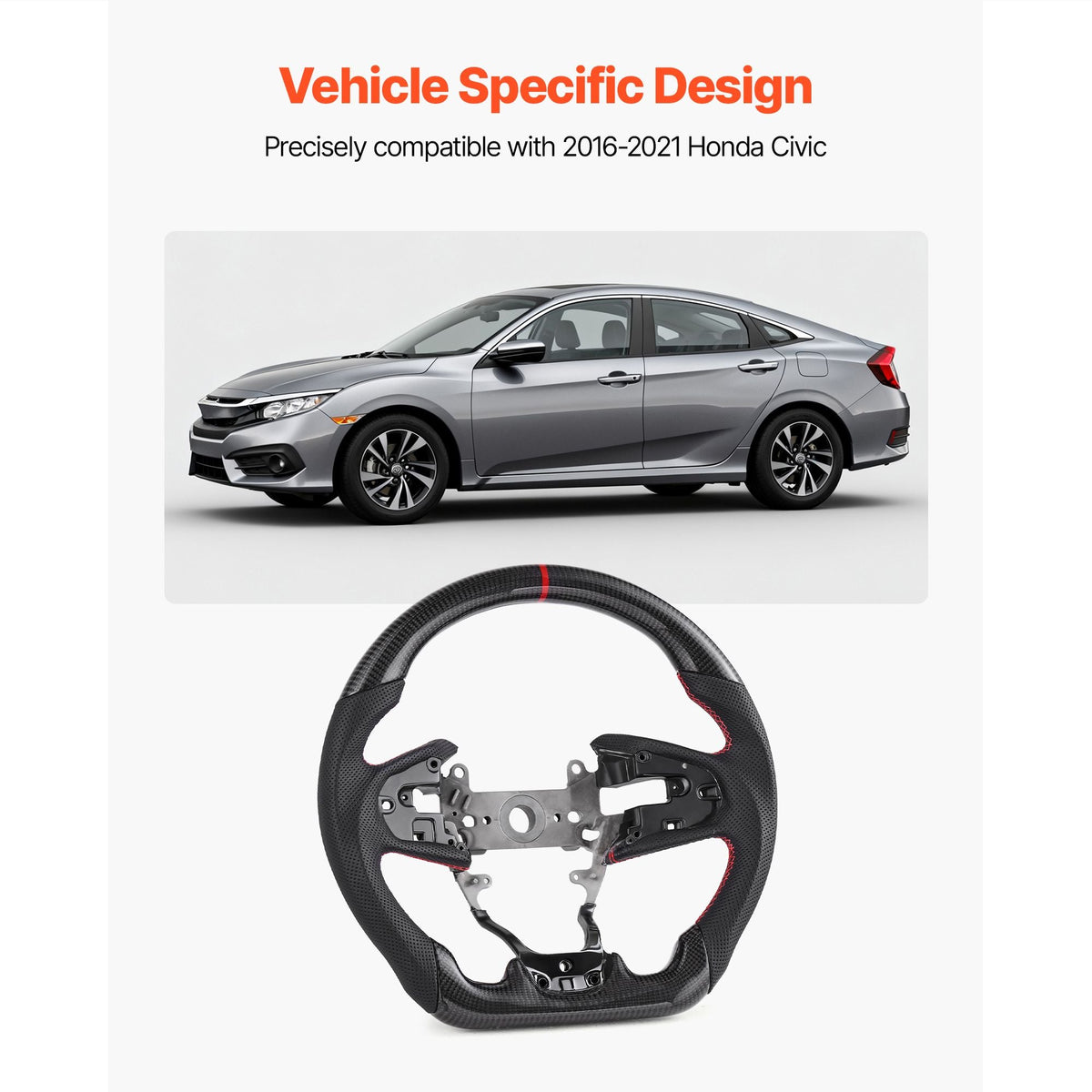 Steering Wheel for 2016-2021 Honda Civic, Carbon Fiber Steering Wheel D-Shaped Flat-Bottom, Leather Grip with Non-Slip Texture & Precise Stitching, Accessories Replacement for Honda Civic, Black