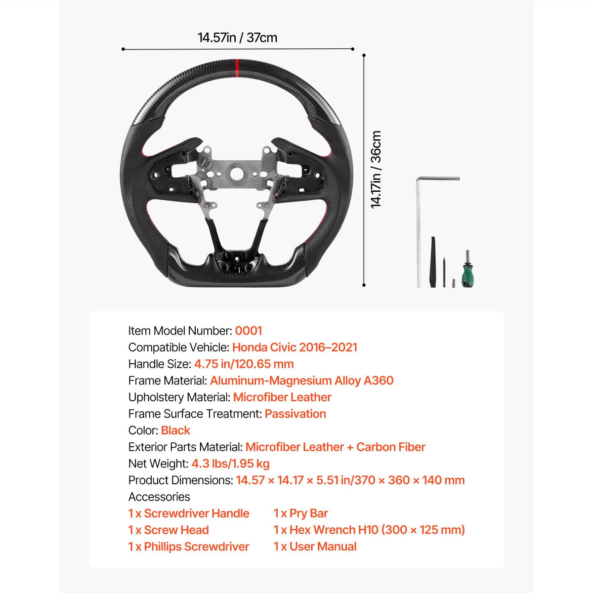Steering Wheel for 2016-2021 Honda Civic, Carbon Fiber Steering Wheel D-Shaped Flat-Bottom, Leather Grip with Non-Slip Texture & Precise Stitching, Accessories Replacement for Honda Civic, Black