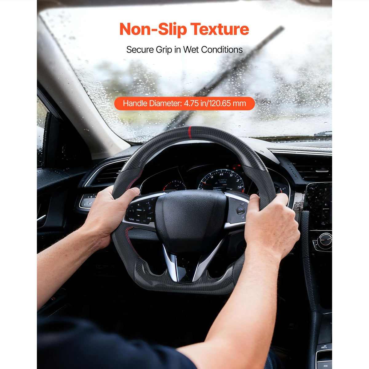 Steering Wheel for 2016-2021 Honda Civic, Carbon Fiber Steering Wheel D-Shaped Flat-Bottom, Leather Grip with Non-Slip Texture & Precise Stitching, Accessories Replacement for Honda Civic, Black