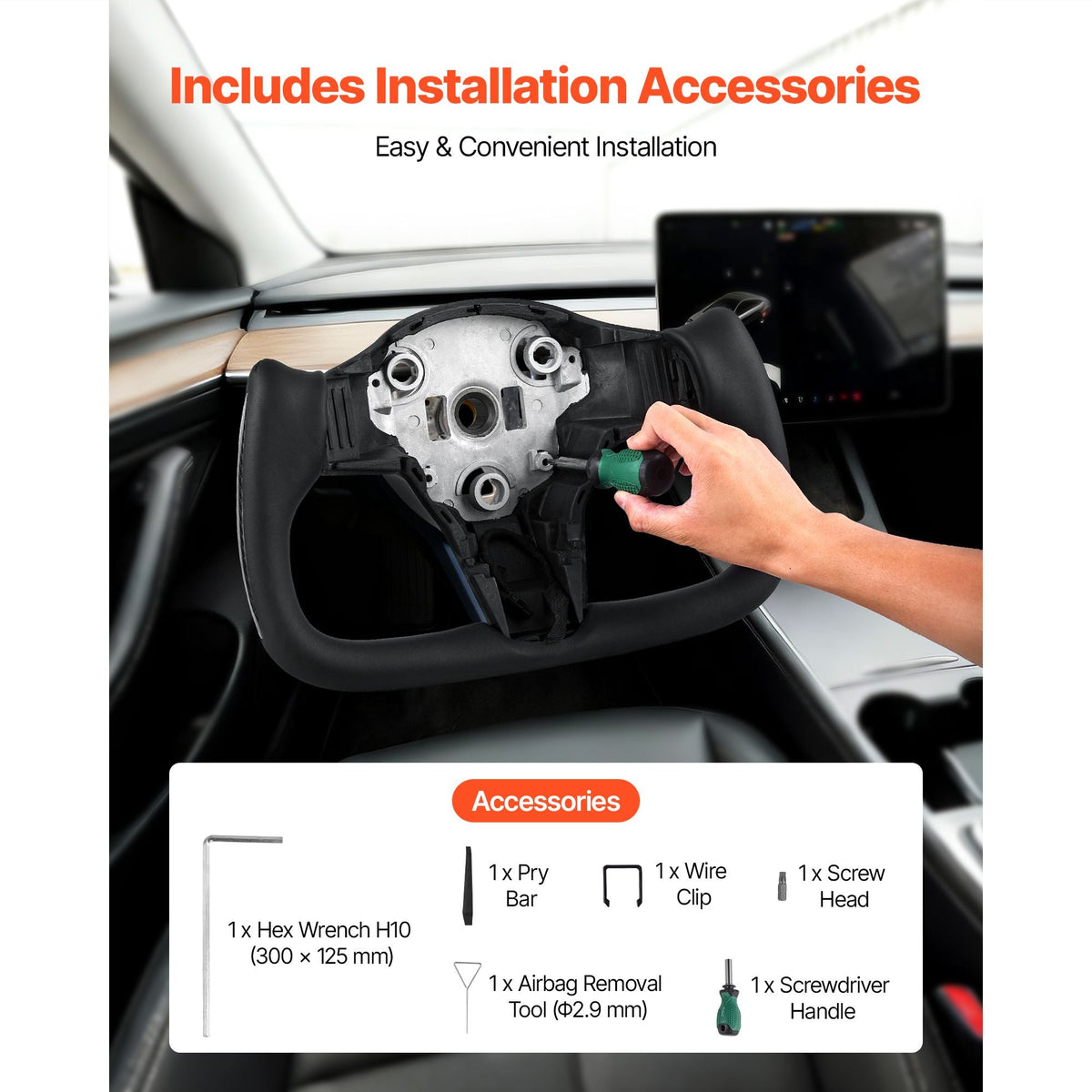 Steering Wheel for 2016-2023 Tesla Model 3, Carbon Fiber Steering Wheel D-Shaped Flat-Bottom with Heating Function, Leather Grip with Non-Slip Texture, Accessories Replacement for Model 3, Black