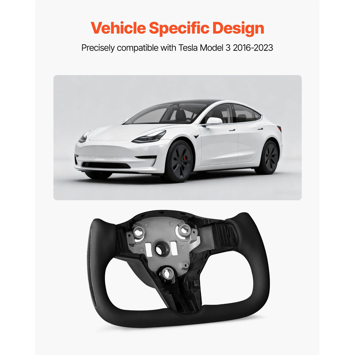Steering Wheel for 2016-2023 Tesla Model 3, Carbon Fiber Steering Wheel D-Shaped Flat-Bottom with Heating Function, Leather Grip with Non-Slip Texture, Accessories Replacement for Model 3, Black