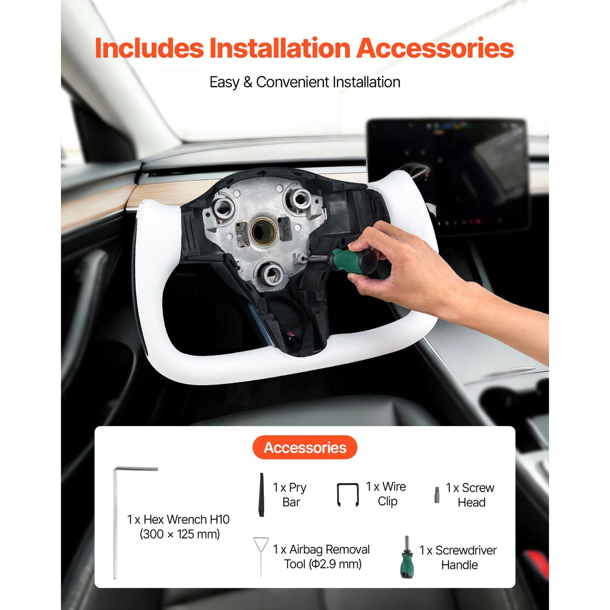 Steering Wheel for 2016-2023 Tesla Model 3, Carbon Fiber Steering Wheel D-Shaped Flat-Bottom with Heating Function, Leather Grip with Non-Slip Texture, Accessories Replacement for Model 3, White