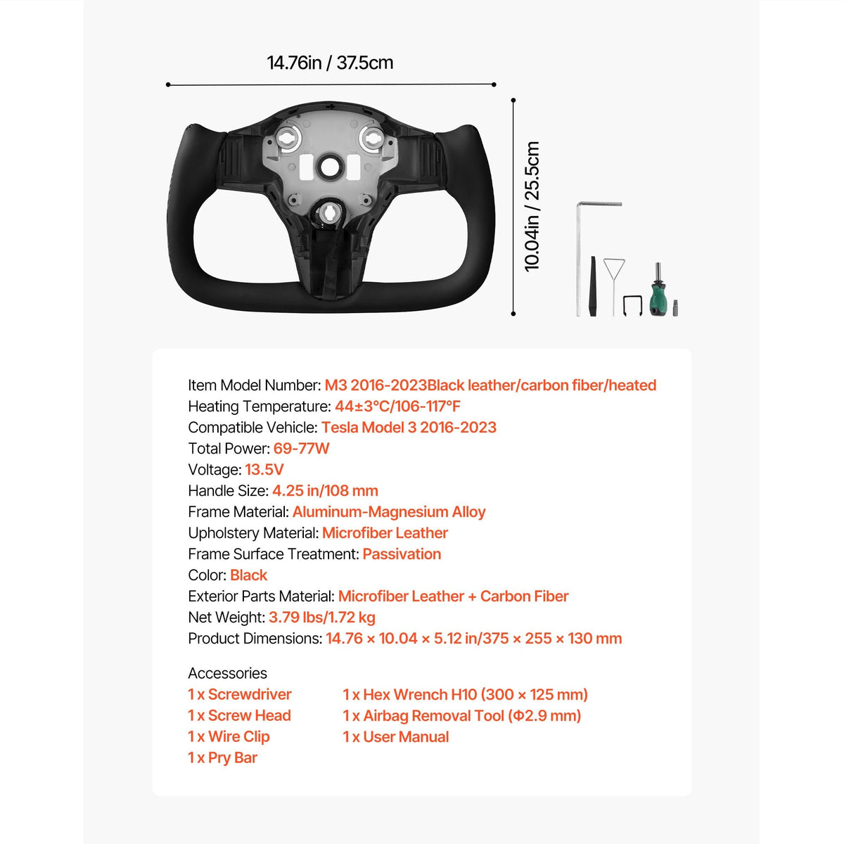 Steering Wheel for 2016-2023 Tesla Model 3, Carbon Fiber Steering Wheel D-Shaped Flat-Bottom with Heating Function, Leather Grip with Non-Slip Texture, Accessories Replacement for Model 3, Black