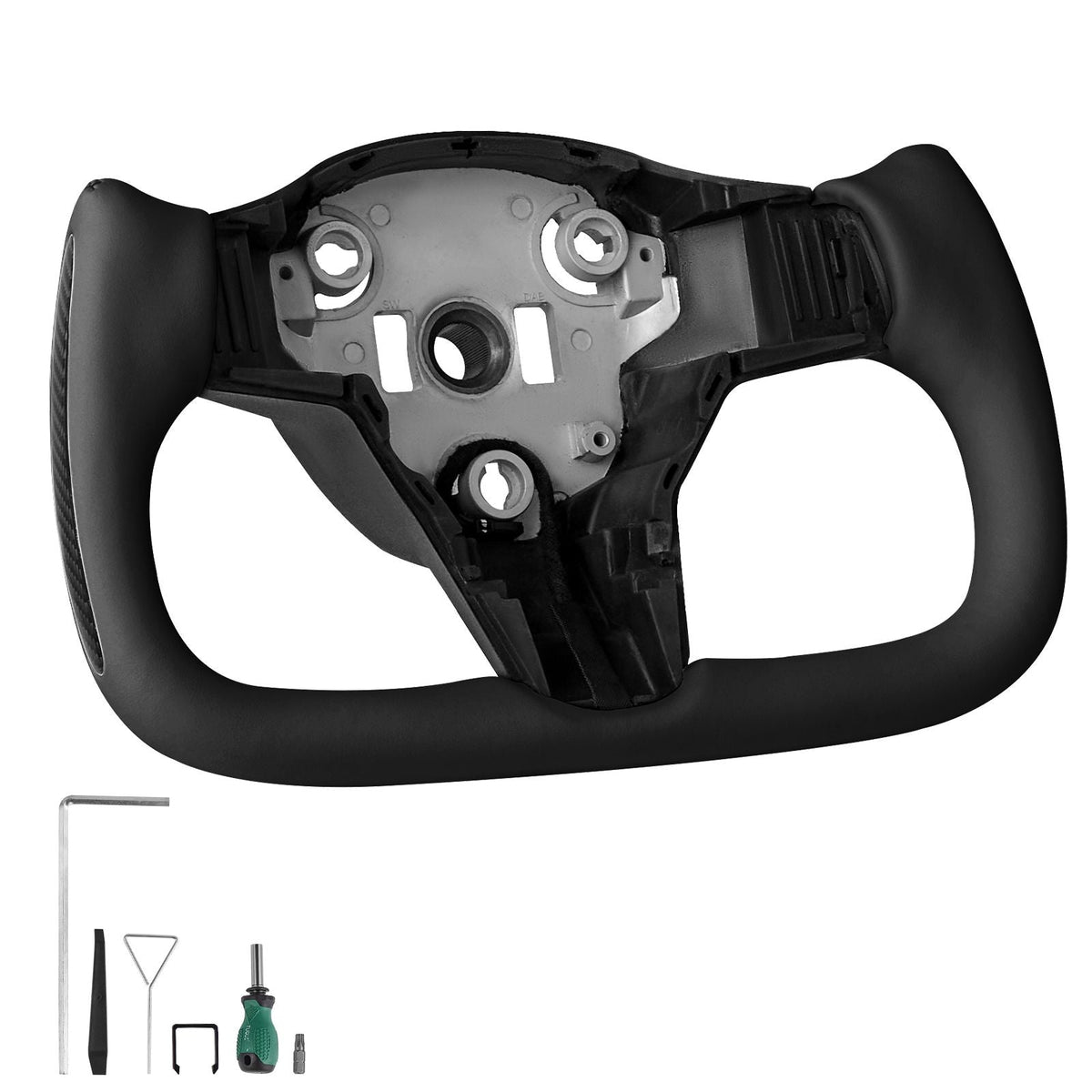 Steering Wheel for 2016-2023 Tesla Model 3, Carbon Fiber Steering Wheel D-Shaped Flat-Bottom with Heating Function, Leather Grip with Non-Slip Texture, Accessories Replacement for Model 3, Black