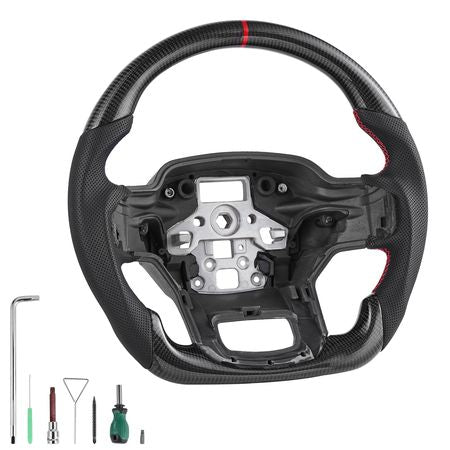 Steering Wheel for 2021-2024 Ford F150, Carbon Fiber Steering Wheel D-Shaped Flat-Bottom, Leather Grip with Non-Slip Texture & Precise Stitching, Accessories Replacement for Ford F150, Black