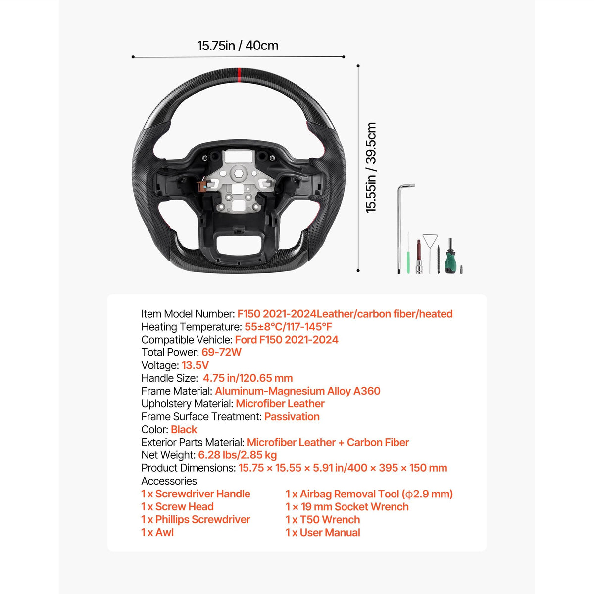 Steering Wheel for 2021-2024 Ford F150, Carbon Fiber Steering Wheel D-Shaped Flat-Bottom with Heating Function, Leather Grip with Non-Slip Texture, Accessories Replacement for Ford F150, Black