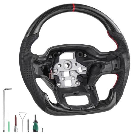 Steering Wheel for 2021-2024 Ford F150, Carbon Fiber Steering Wheel D-Shaped Flat-Bottom with Heating Function, Leather Grip with Non-Slip Texture, Accessories Replacement for Ford F150, Black
