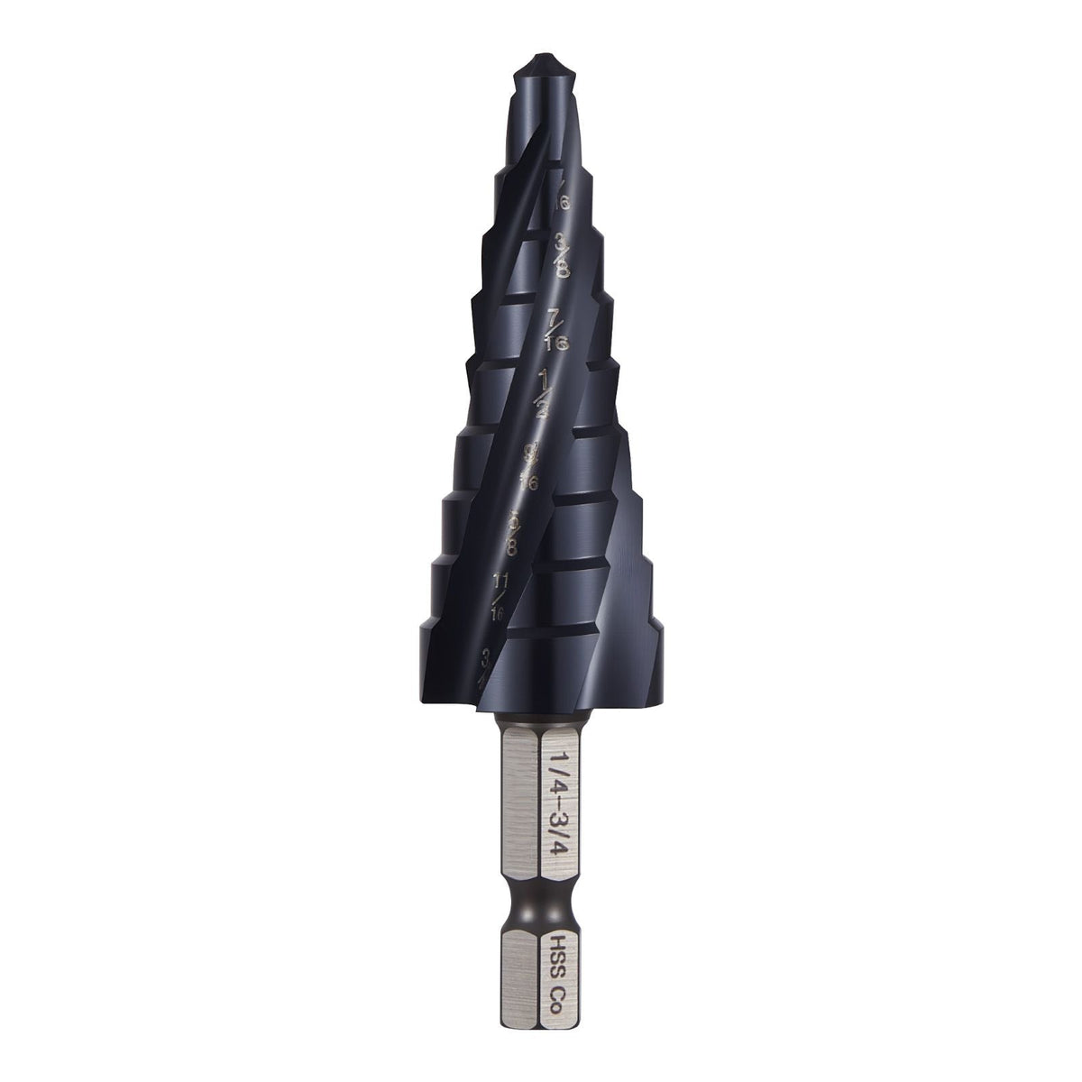 Step Drill Bit, 1/4 to 3/4 inch, 1/4 inch Hex Shank, TiAlN Coating Cobalt HSS High Speed Steel, Four Spiral Flute Step Bit for Metal, Stainless Steel, Aluminum, Wood, Plastic, Fiberglass