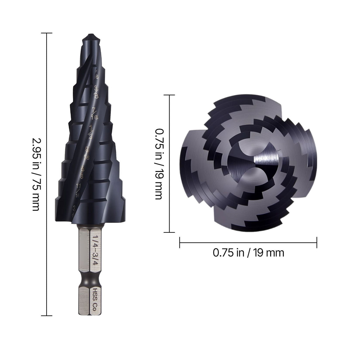 Step Drill Bit, 1/4 to 3/4 inch, 1/4 inch Hex Shank, TiAlN Coating Cobalt HSS High Speed Steel, Four Spiral Flute Step Bit for Metal, Stainless Steel, Aluminum, Wood, Plastic, Fiberglass