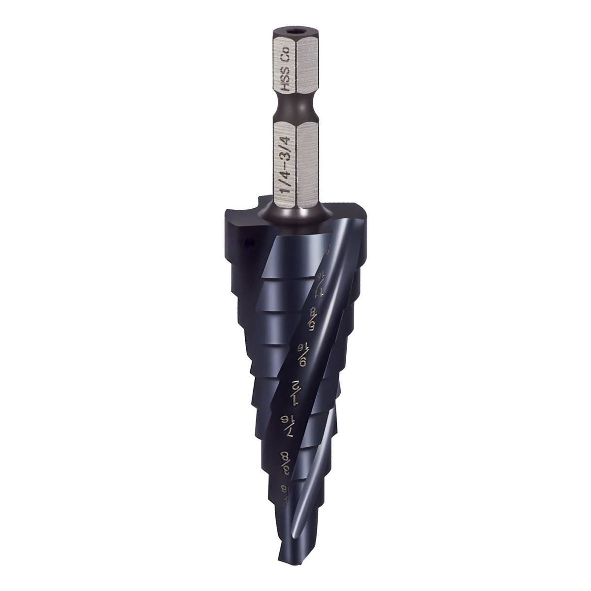 Step Drill Bit, 1/4 to 3/4 inch, 1/4 inch Hex Shank, TiAlN Coating Cobalt HSS High Speed Steel, Four Spiral Flute Step Bit for Metal, Stainless Steel, Aluminum, Wood, Plastic, Fiberglass