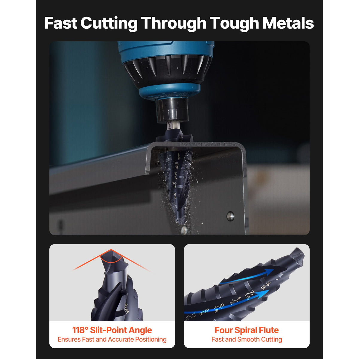 Step Drill Bit, 1/4 to 3/4 inch, 1/4 inch Hex Shank, TiAlN Coating Cobalt HSS High Speed Steel, Four Spiral Flute Step Bit for Metal, Stainless Steel, Aluminum, Wood, Plastic, Fiberglass