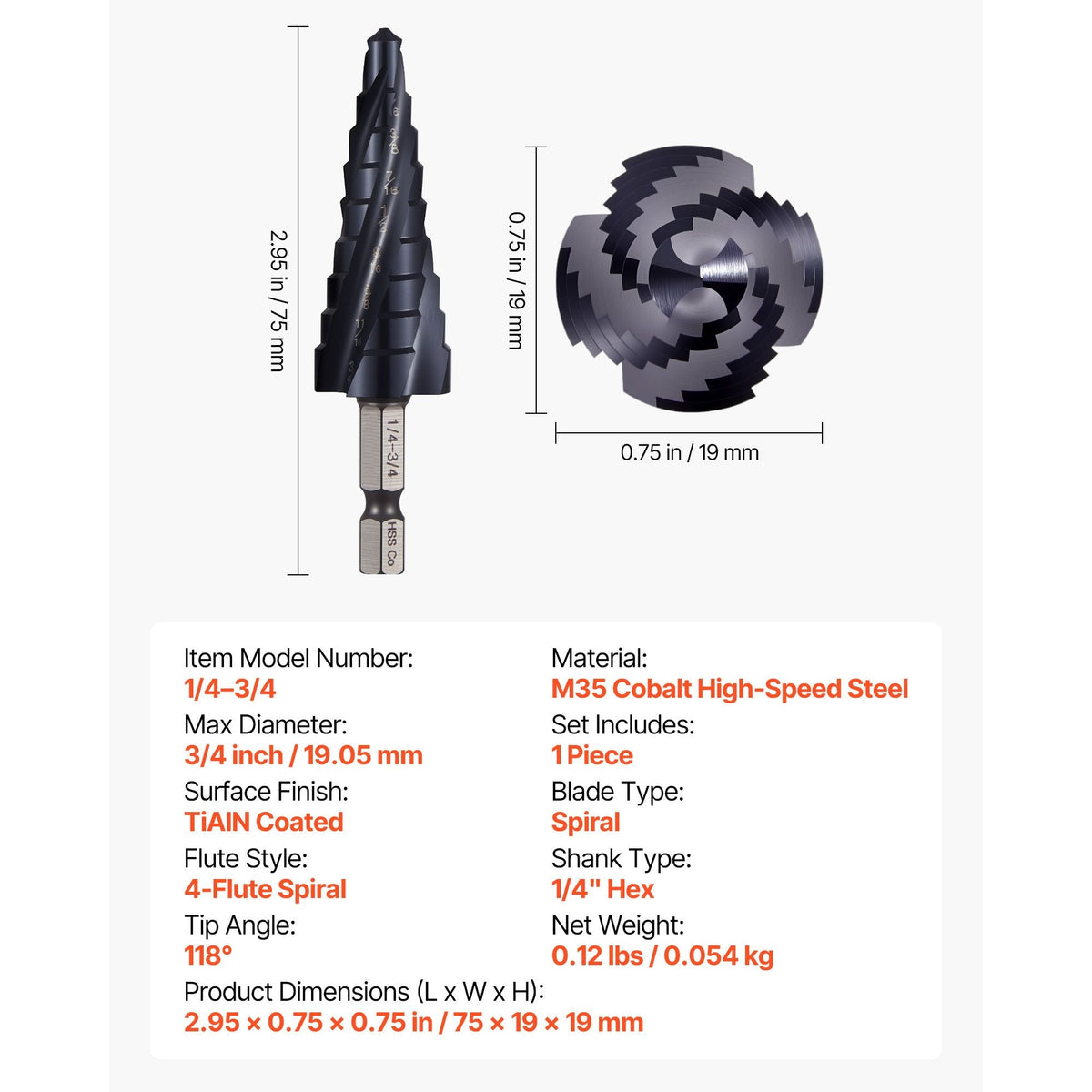 Step Drill Bit, 1/4 to 3/4 inch, 1/4 inch Hex Shank, TiAlN Coating Cobalt HSS High Speed Steel, Four Spiral Flute Step Bit for Metal, Stainless Steel, Aluminum, Wood, Plastic, Fiberglass