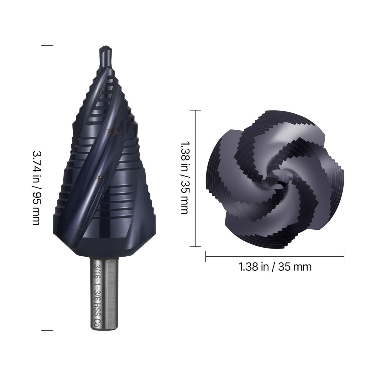 Step Drill Bit, 3/16 to 1-3/8 inch, 3/8 inch Triangular Shank, TiAlN Coating Cobalt High Speed Steel, Four Spiral Flute Step Bit for Metal, Stainless Steel, Aluminum, Wood, Plastic, Fiberglass