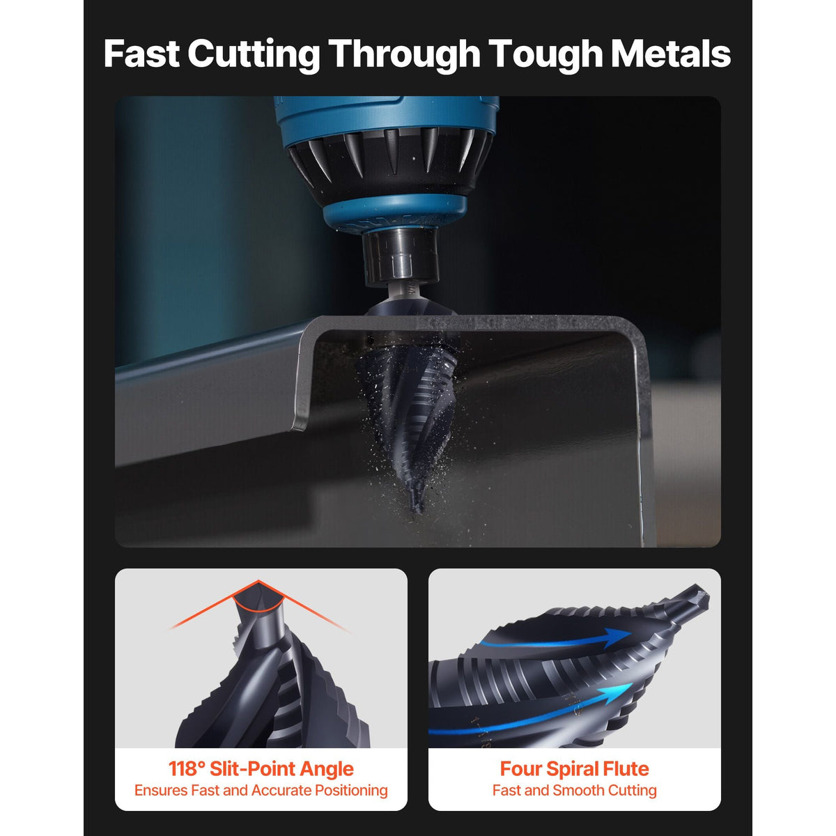 Step Drill Bit, 3/16 to 1-3/8 inch, 3/8 inch Triangular Shank, TiAlN Coating Cobalt High Speed Steel, Four Spiral Flute Step Bit for Metal, Stainless Steel, Aluminum, Wood, Plastic, Fiberglass