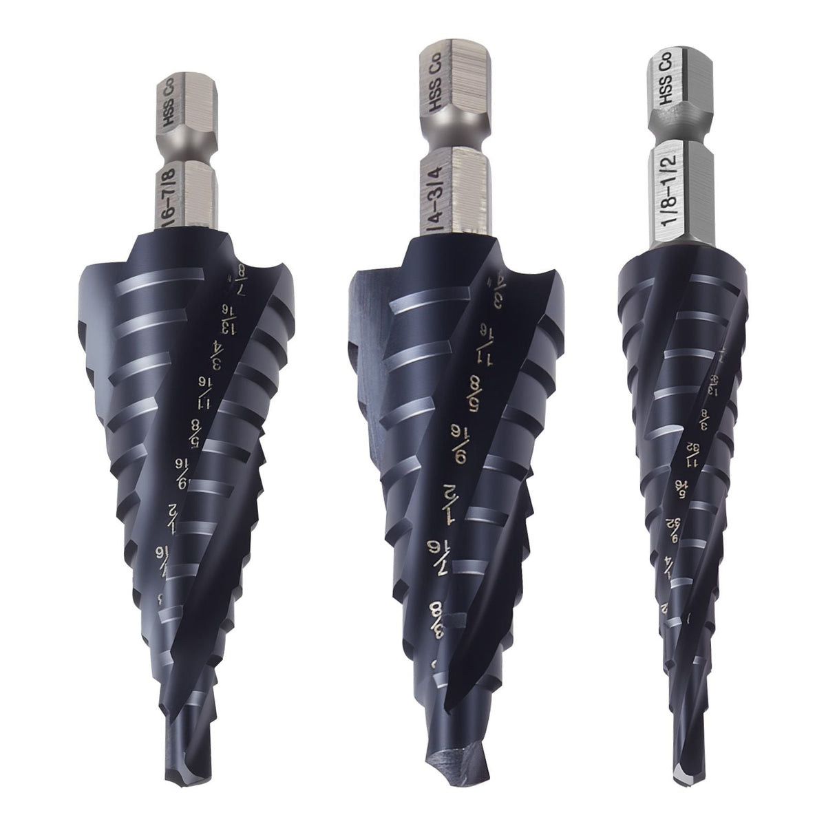Step Drill Bit Set, 1/8 - 7/8 inch, 3 Pieces Step Drill Bits, 1/4 inch Hex Shank, TiAlN Coating Cobalt HSS High Speed Steel, for Metal, Stainless Steel, Aluminum, Wood, Plastic, Fiberglass