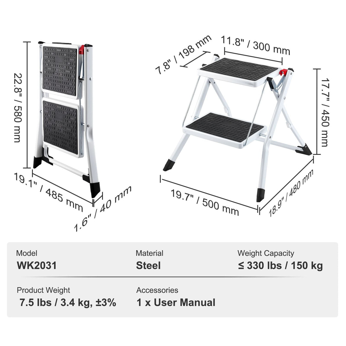 Step Ladder 2-Step 330lbs Capacity, Ergonomic Folding Steel Step Stool with Wide Anti-Slip Pedal, Sturdy Step Stool for Adults Toddlers, Multi-Use for Household, Kitchen, Office, RVs