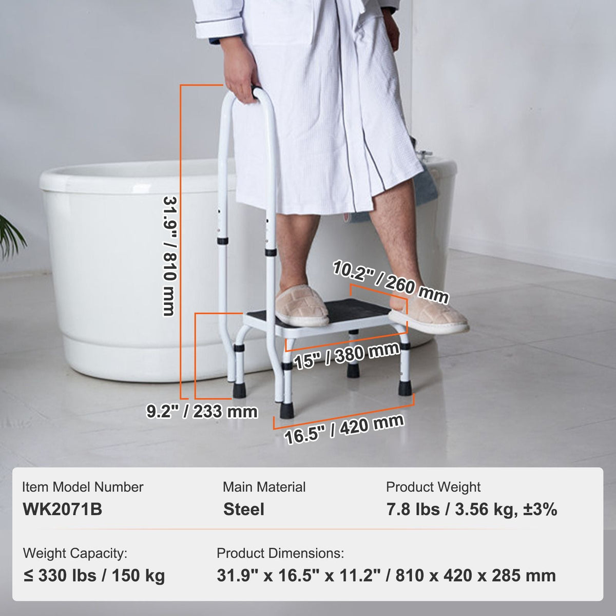 Step Stool 1-Step 330lbs Capacity, 3 Adjustable Height with Handle Steel Step Ladder, Portable Toddler Step Stools for Adults, Non-Slip Sturdy Step Ladders for Office, RVs, Pets
