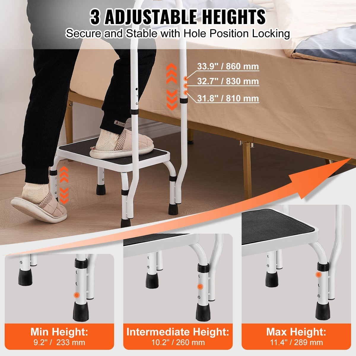Step Stool 1-Step 330lbs Capacity, 3 Adjustable Height with Handle Steel Step Ladder, Portable Toddler Step Stools for Adults, Non-Slip Sturdy Step Ladders for Office, RVs, Pets