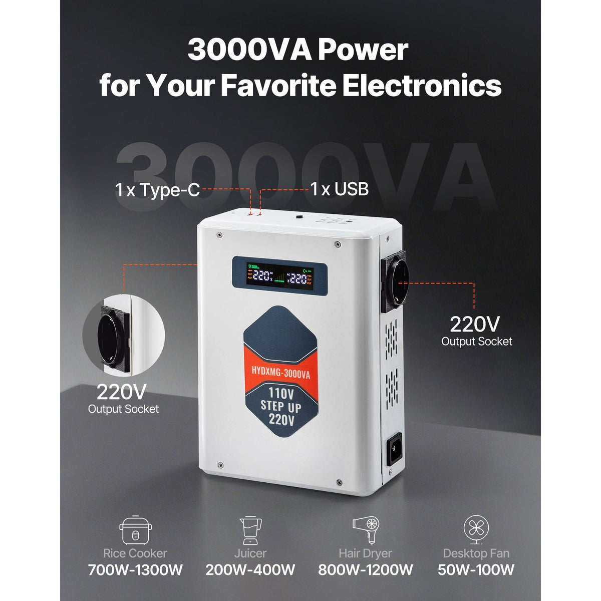 Step Up Voltage Converter, 3000VA, Heavy Duty Voltage Power Converter, 110V to 220V Power Transformer, with 2 EU Outlets, USB Output, LCD Display, Temperature Protection, for 220V Appliances