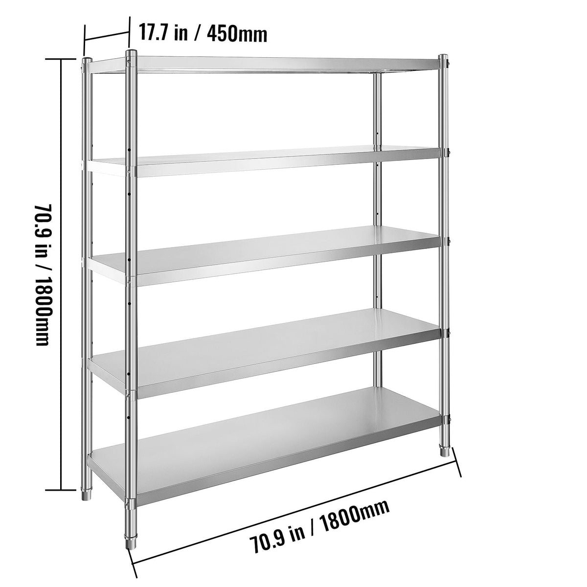 Storage Shelf, 5-Tier Storage Shelving Unit, Stainless Steel Garage Shelf, 70.9 x 17.7 x 70.9 inch Heavy Duty Storage Shelving, 1650 Lbs Total Capacity with Adjustable Height