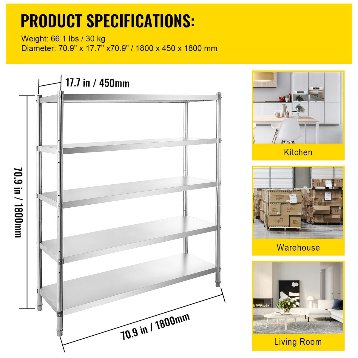 Storage Shelf, 5-Tier Storage Shelving Unit, Stainless Steel Garage Shelf, 70.9 x 17.7 x 70.9 inch Heavy Duty Storage Shelving, 1650 Lbs Total Capacity with Adjustable Height