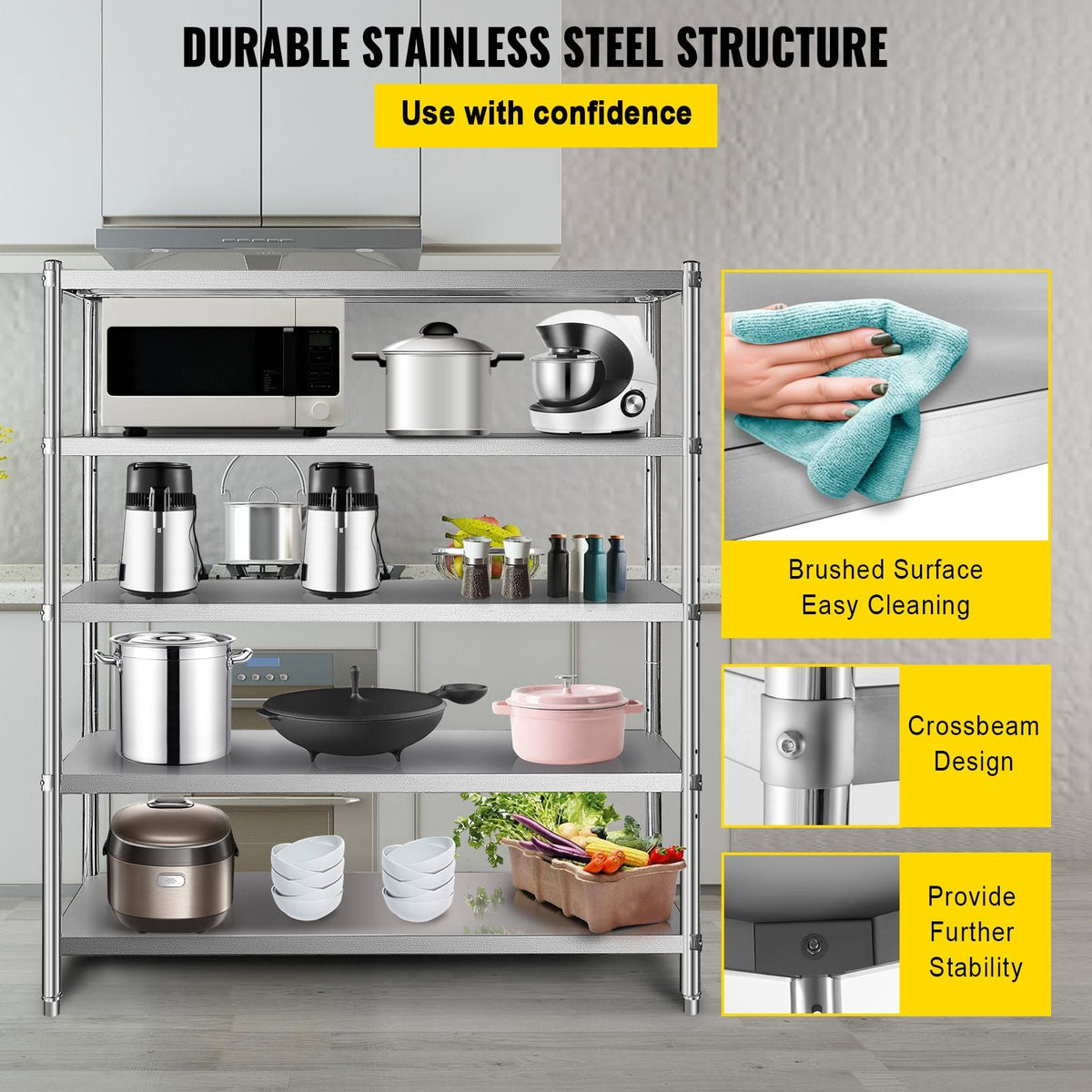 Storage Shelf, 5-Tier Storage Shelving Unit, Stainless Steel Garage Shelf, 70.9 x 17.7 x 70.9 inch Heavy Duty Storage Shelving, 1650 Lbs Total Capacity with Adjustable Height