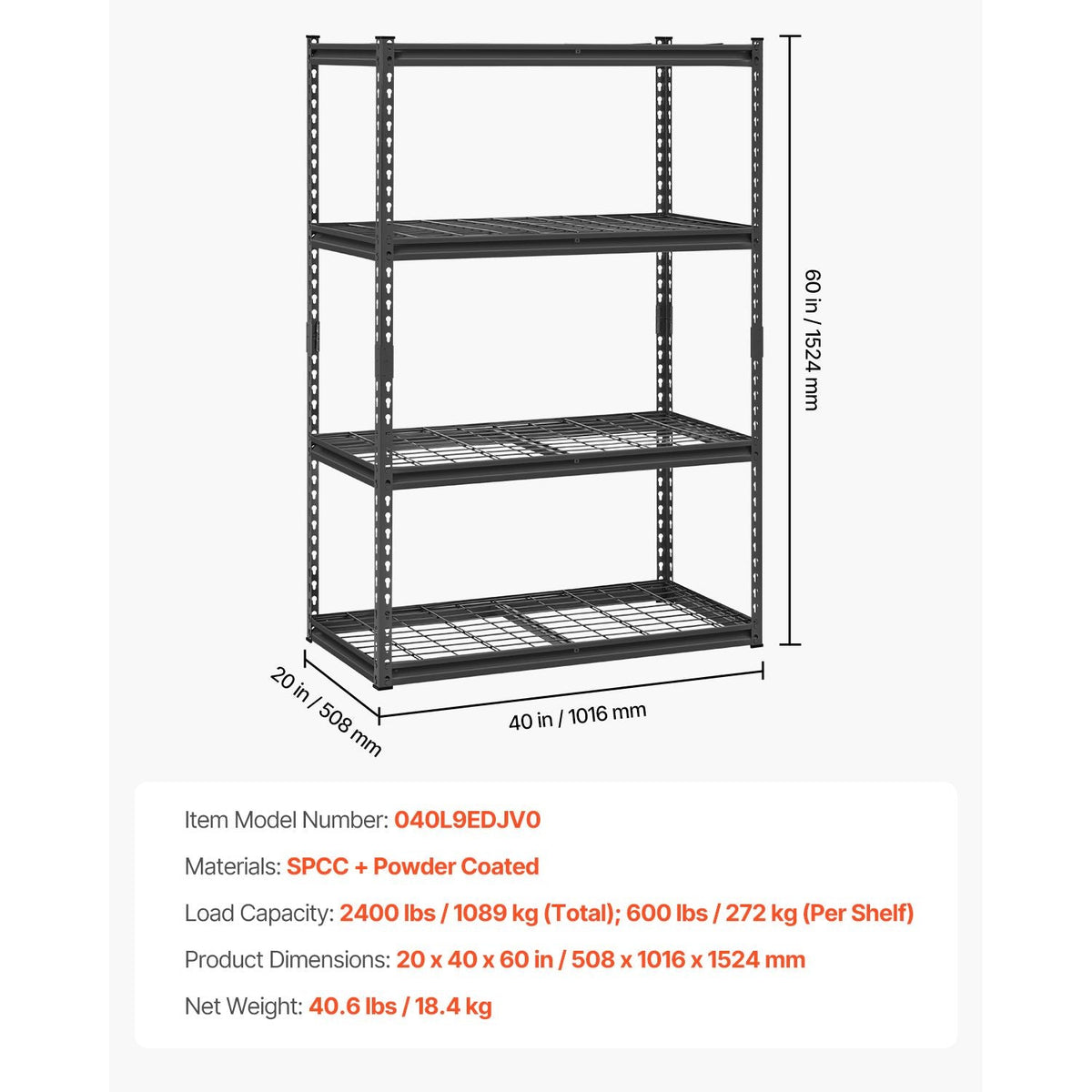 Storage Shelves, 2400 lbs, 4 Tier Heavy Duty Garage Shelving, 20" D x 40" W x 60" H Adjustable Metal Shelves for Industrial Shelving Unit Utility Shelf, for Kitchen, Warehouse, Basement, Black