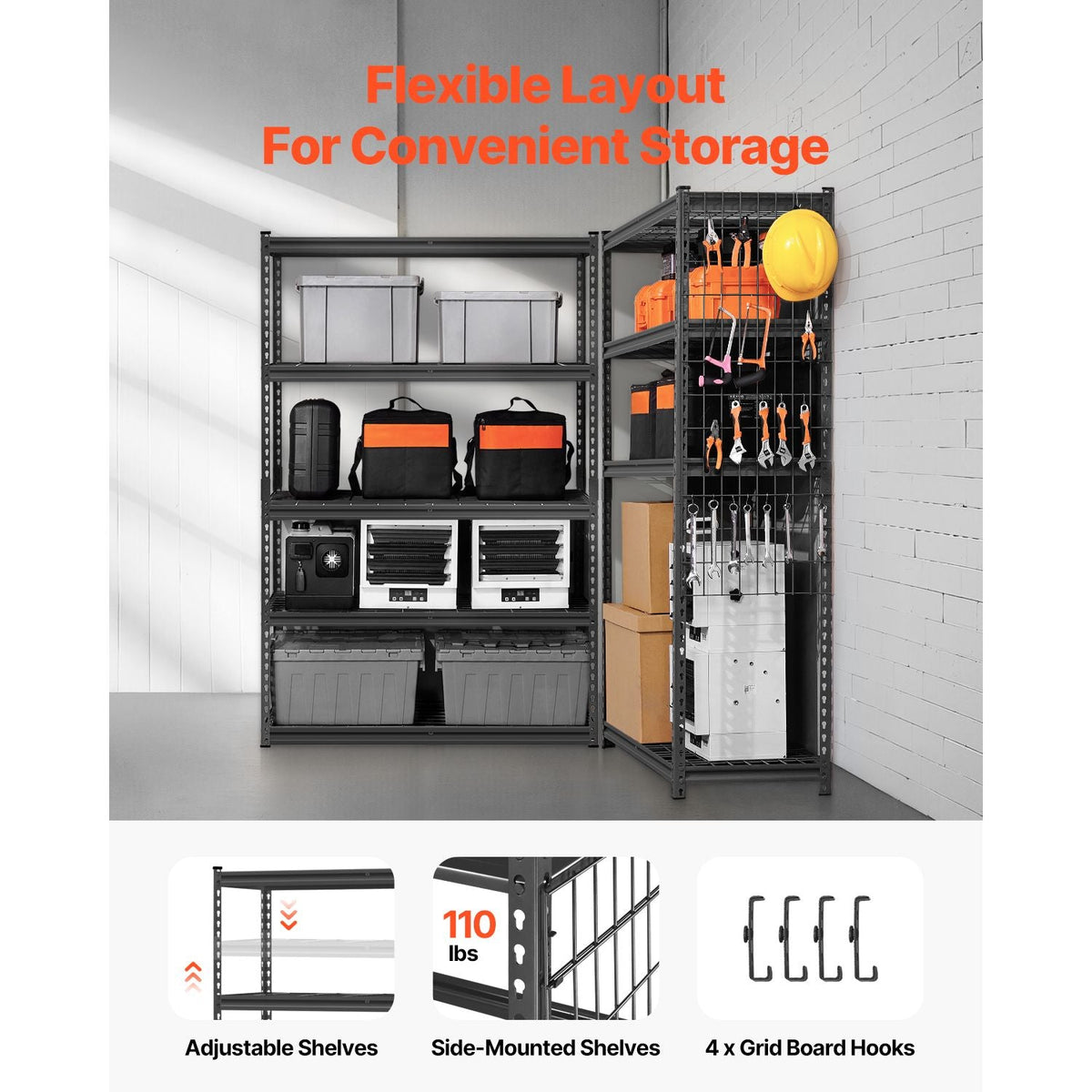 Storage Shelves, 2500 lbs, 5 Tier Heavy Duty Garage Shelving, 18" D x 48" W x 72" H Adjustable Metal Shelves for Industrial Shelving Unit Utility Shelf, for Kitchen, Warehouse, Basement, Black
