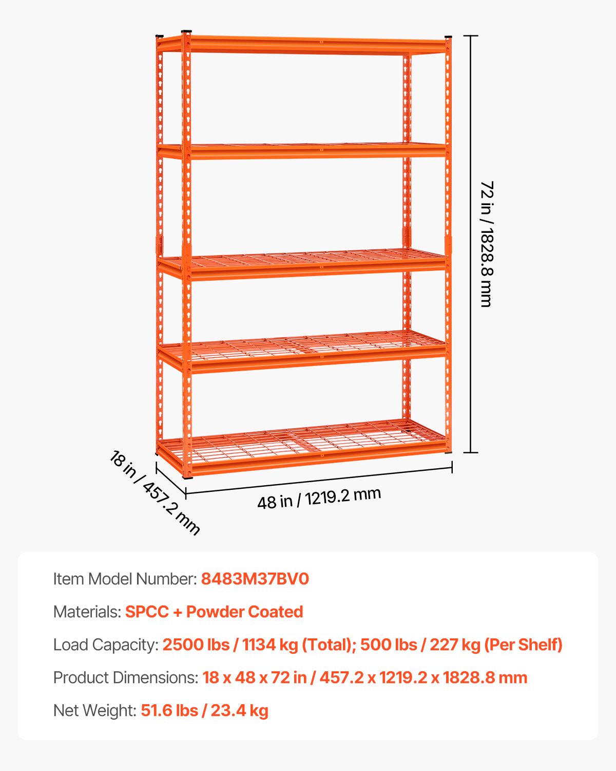 Storage Shelves, 2500 lbs, 5 Tier Heavy Duty Garage Shelving, 18" D x 48" W x 72" H Adjustable Metal Shelves for Industrial Shelving Unit Utility Shelf, for Kitchen, Warehouse, Basement, Orange