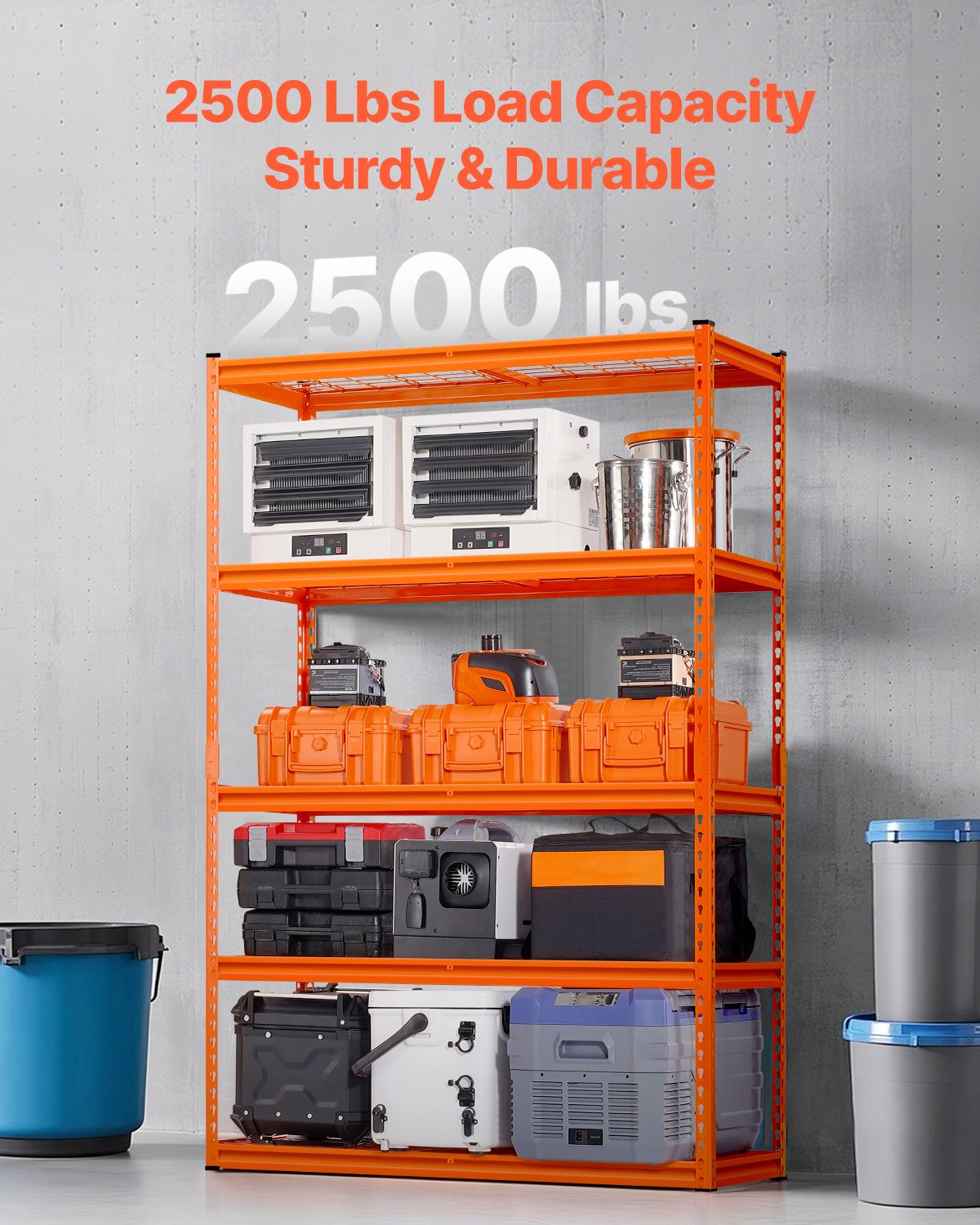 Storage Shelves, 2500 lbs, 5 Tier Heavy Duty Garage Shelving, 18" D x 48" W x 72" H Adjustable Metal Shelves for Industrial Shelving Unit Utility Shelf, for Kitchen, Warehouse, Basement, Orange
