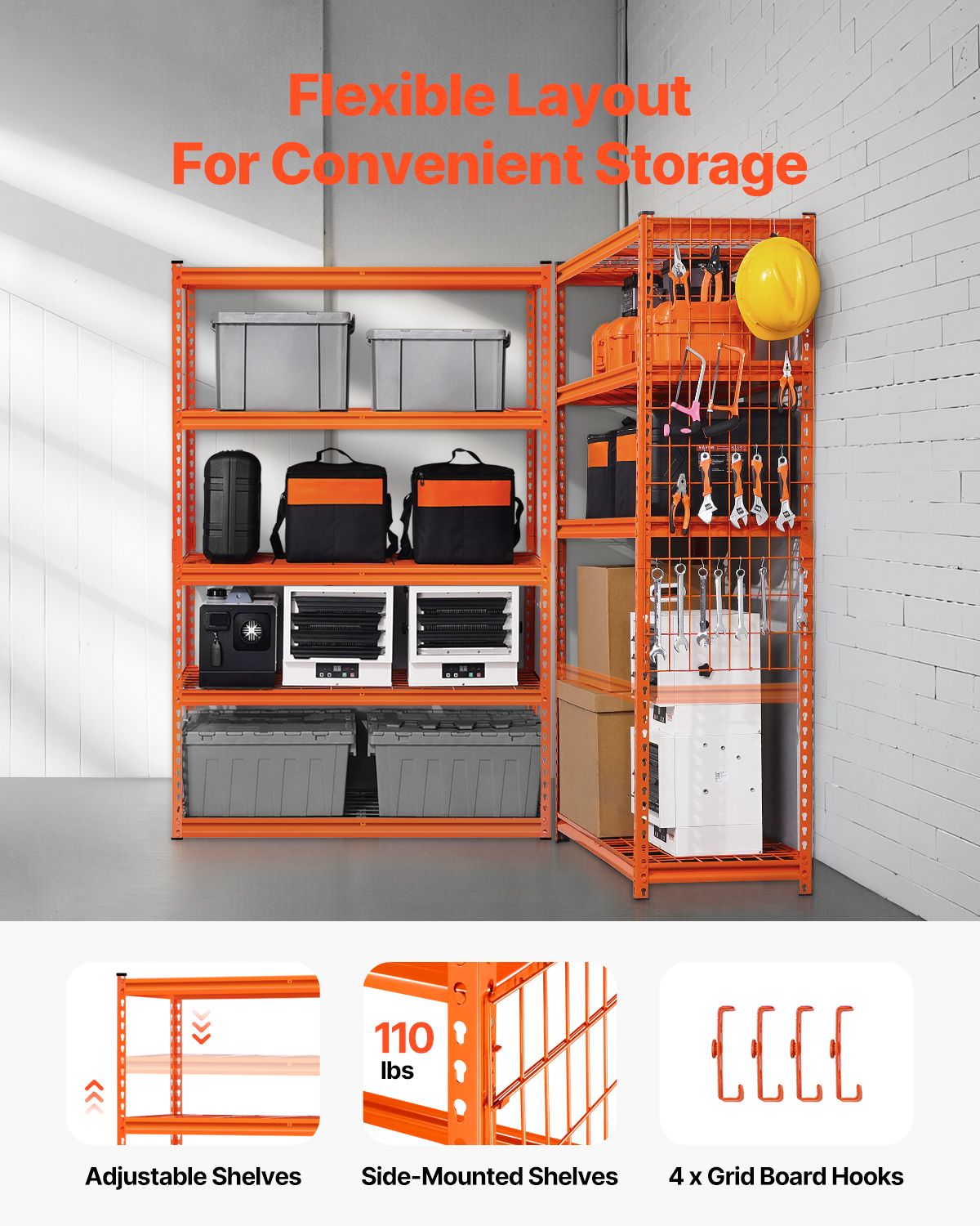 Storage Shelves, 2500 lbs, 5 Tier Heavy Duty Garage Shelving, 18" D x 48" W x 72" H Adjustable Metal Shelves for Industrial Shelving Unit Utility Shelf, for Kitchen, Warehouse, Basement, Orange