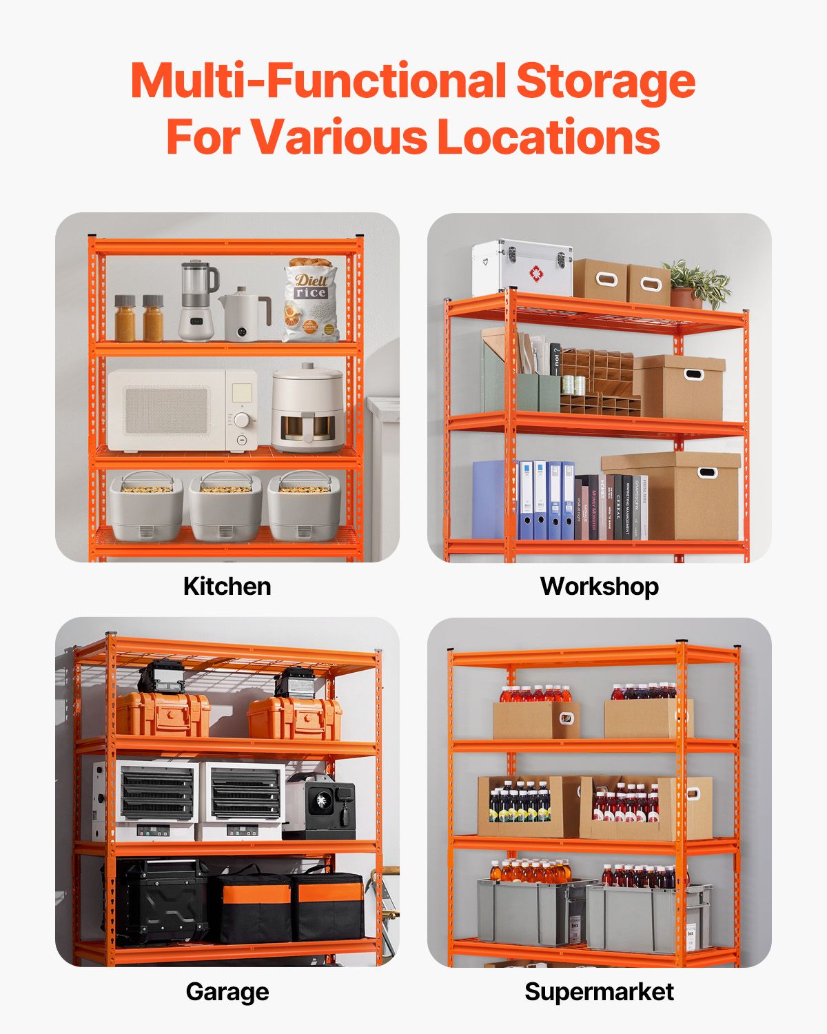 Storage Shelves, 2500 lbs, 5 Tier Heavy Duty Garage Shelving, 18" D x 48" W x 72" H Adjustable Metal Shelves for Industrial Shelving Unit Utility Shelf, for Kitchen, Warehouse, Basement, Orange