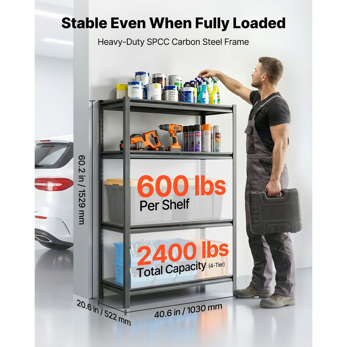 Storage Shelves, 4-Tier Adjustable, 2400 lbs Capacity, Heavy Duty Garage Storage Shelving Unit, Metal Utility Rack Shelf, for Garage Workshop Warehouse Basement, 40.55" W x 20.55" D x 60.2" H