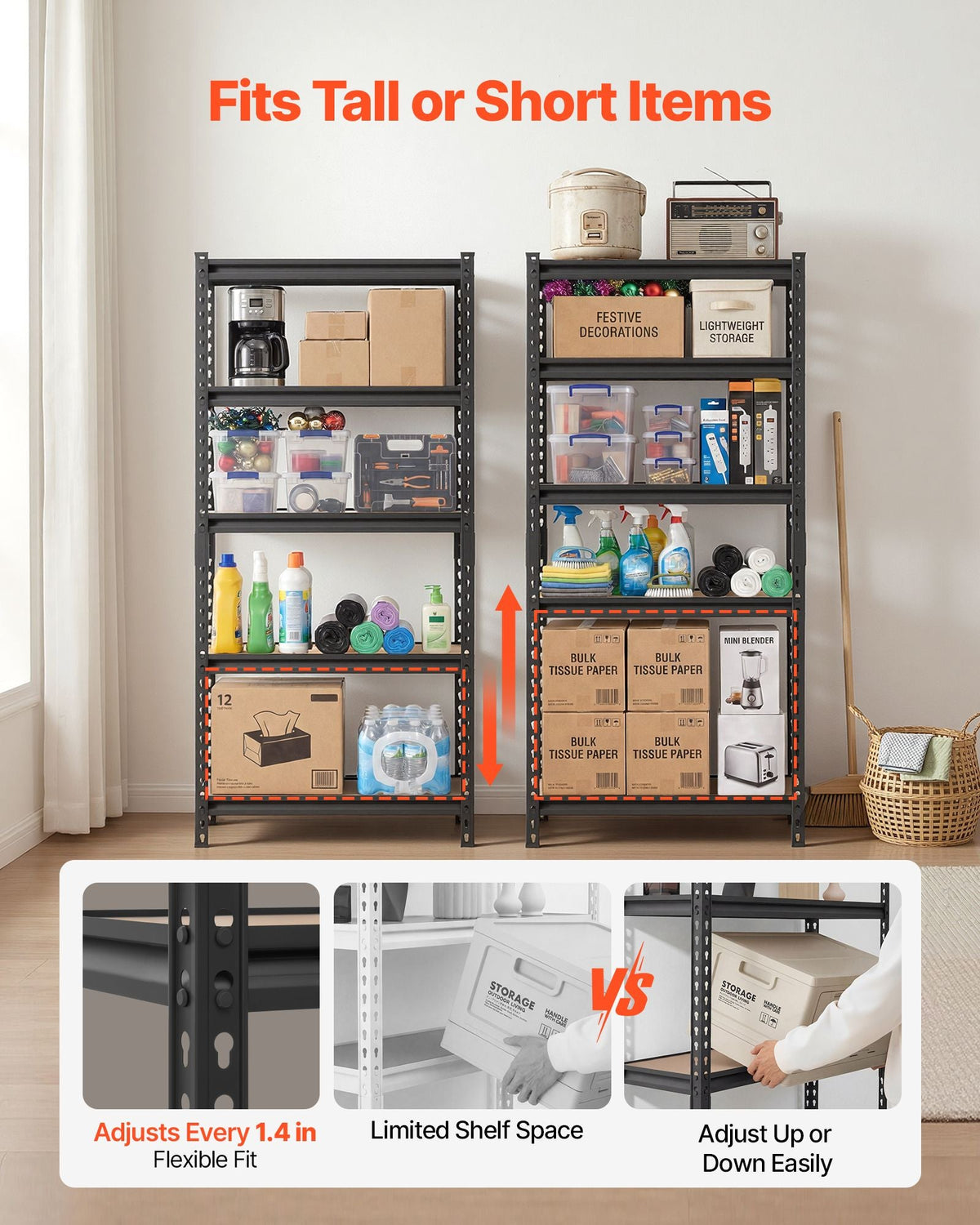Storage Shelves, 5-Tier Adjustable, 2000 lbs Capacity, Heavy Duty Garage Storage Shelving Unit, Metal Utility Rack Shelf, for Kitchen Pantry Basement Bathroom, 28.35" W x 12.17" D x 59.84" H