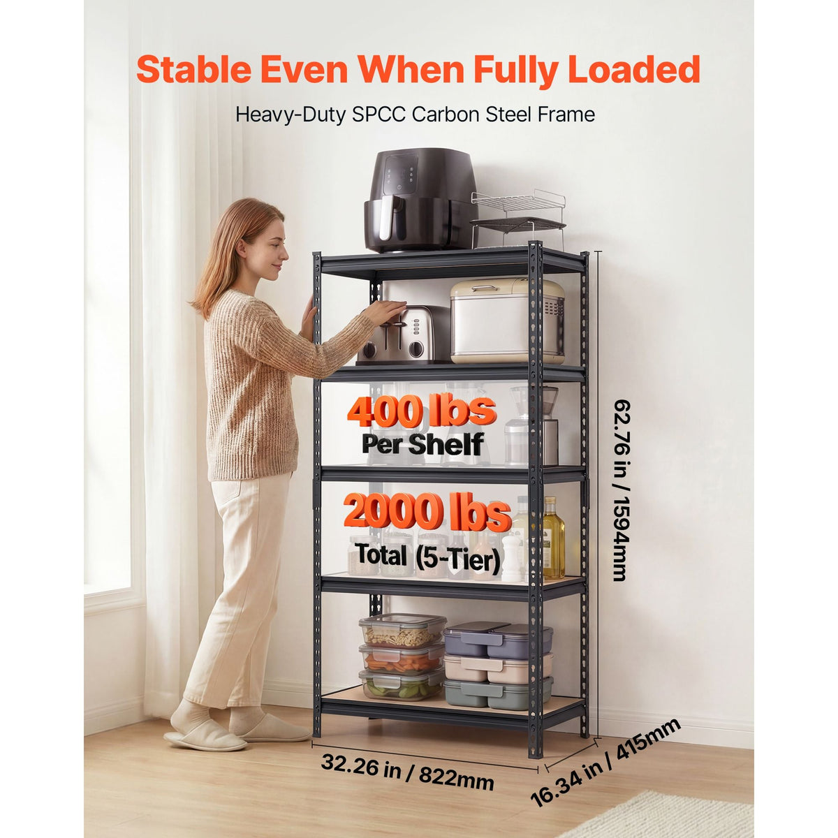 Storage Shelves, 5-Tier Adjustable, 2000 lbs Capacity, Heavy Duty Garage Storage Shelving Unit, Metal Utility Rack Shelf, for Kitchen Pantry Basement Bathroom, 32.36" W x 16.34" D x 62.76" H