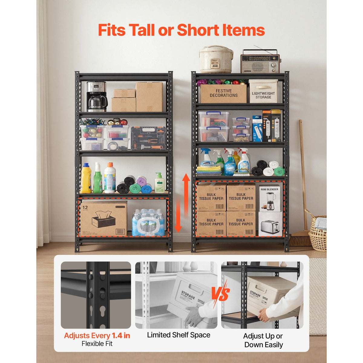 Storage Shelves, 5-Tier Adjustable, 2000 lbs Capacity, Heavy Duty Garage Storage Shelving Unit, Metal Utility Rack Shelf, for Kitchen Pantry Basement Bathroom, 32.36" W x 16.34" D x 62.76" H