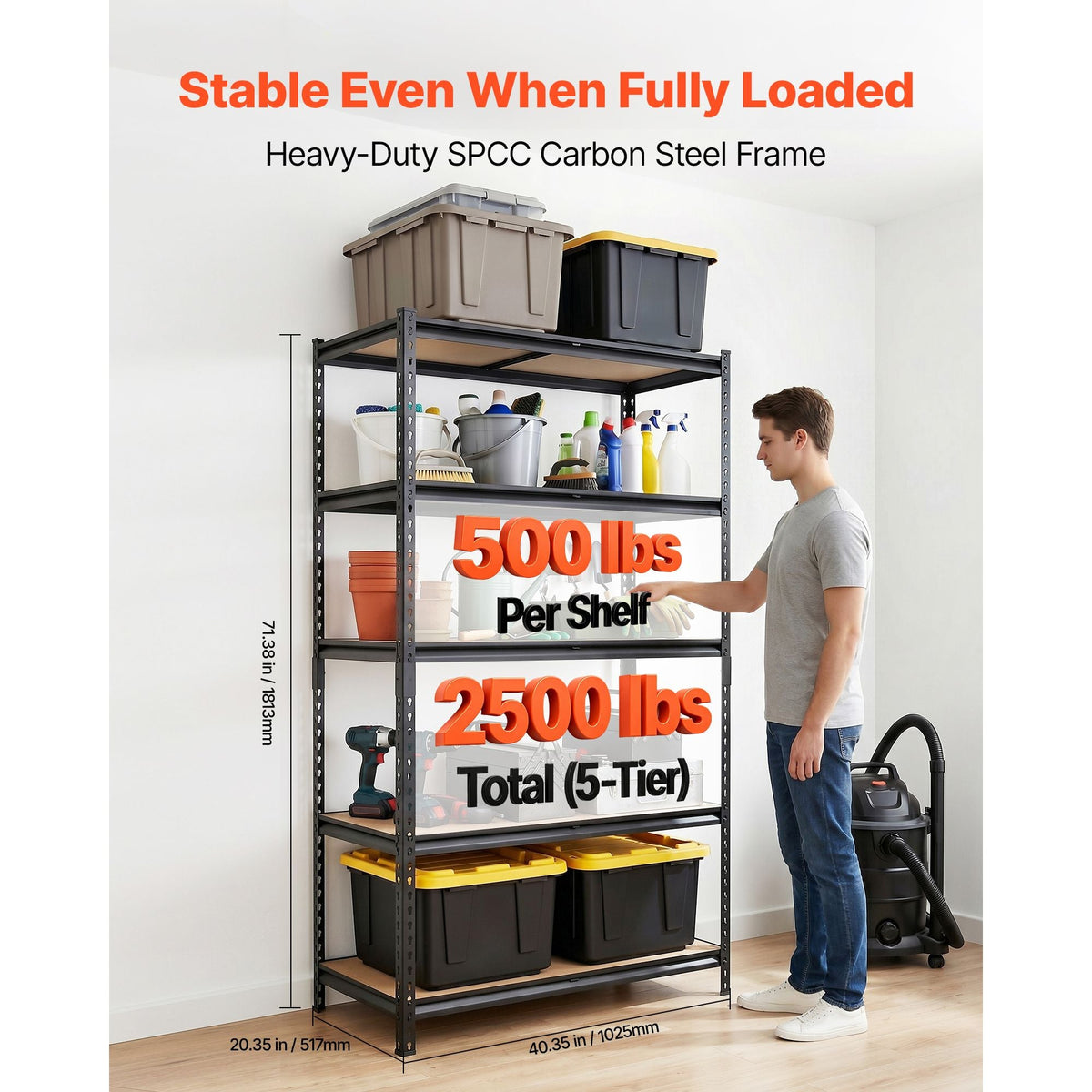 Storage Shelves, 5-Tier Adjustable, 2500 lbs Capacity, Heavy Duty Garage Storage Shelving Unit, Metal Utility Rack Shelf, for Garage Warehouse Basement Kitchen, 40.35" W x 20.35" D x 71.38" H