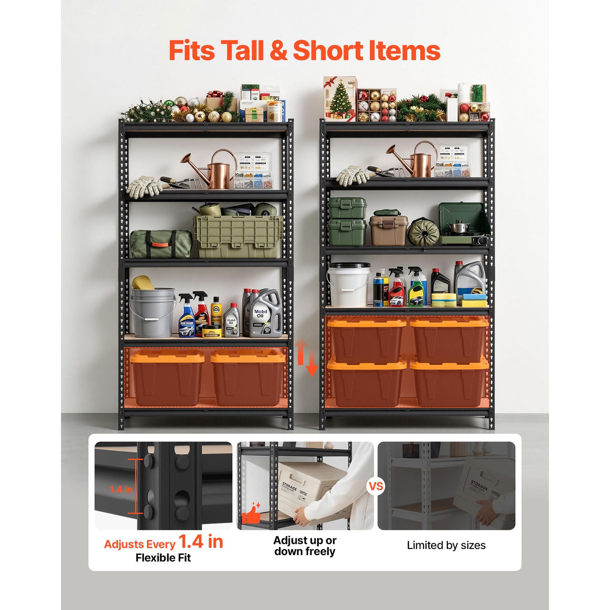 Storage Shelves, 5-Tier Adjustable, 2500 lbs Capacity, Heavy Duty Garage Storage Shelving Unit, Metal Utility Rack Shelf, for Garage Warehouse Basement Kitchen, 40.35" W x 20.35" D x 71.38" H