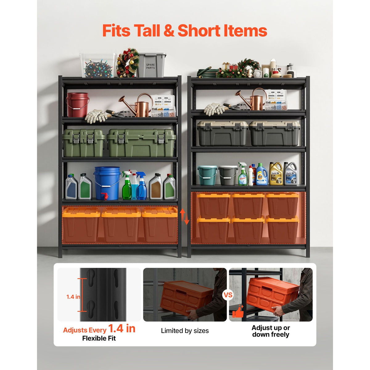 Storage Shelves, 5-Tier Adjustable, 2500 lbs Capacity, Heavy Duty Garage Storage Shelving Unit, Metal Utility Rack Shelf, for Garage Warehouse Basement Kitchen, 48.43" W x 18.31" D x 71.38" H