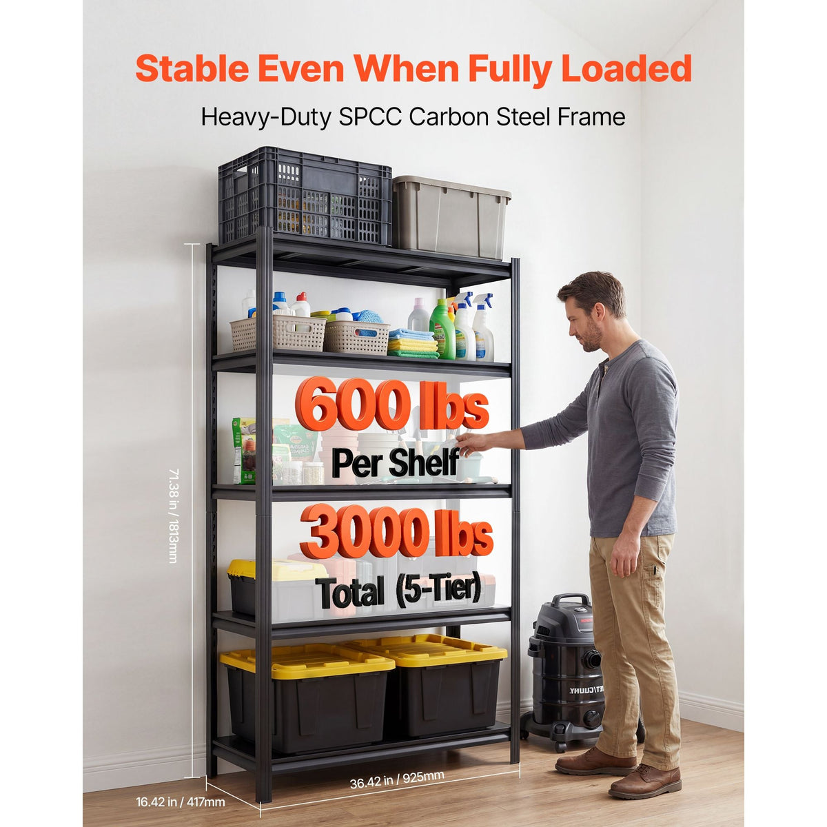 Storage Shelves, 5-Tier Adjustable, 3000 lbs Capacity, Heavy Duty Garage Storage Shelving Unit, Metal Utility Rack Shelf, for Garage Warehouse Basement Kitchen, 36.42" W x 16.42" D x 71.38" H