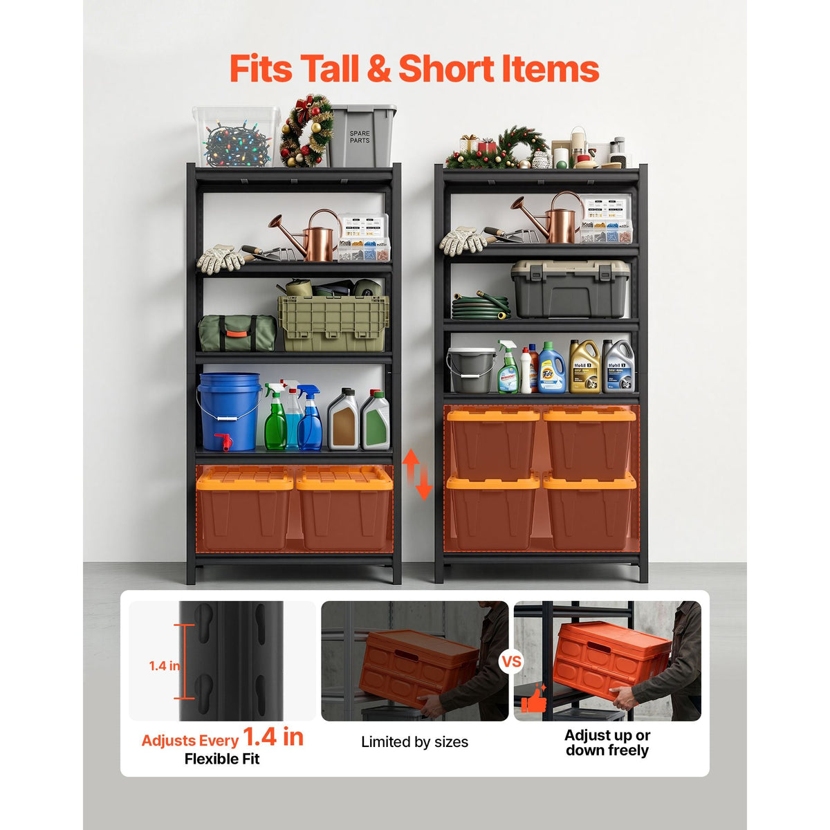 Storage Shelves, 5-Tier Adjustable, 3000 lbs Capacity, Heavy Duty Garage Storage Shelving Unit, Metal Utility Rack Shelf, for Garage Warehouse Basement Kitchen, 36.42" W x 16.42" D x 71.38" H