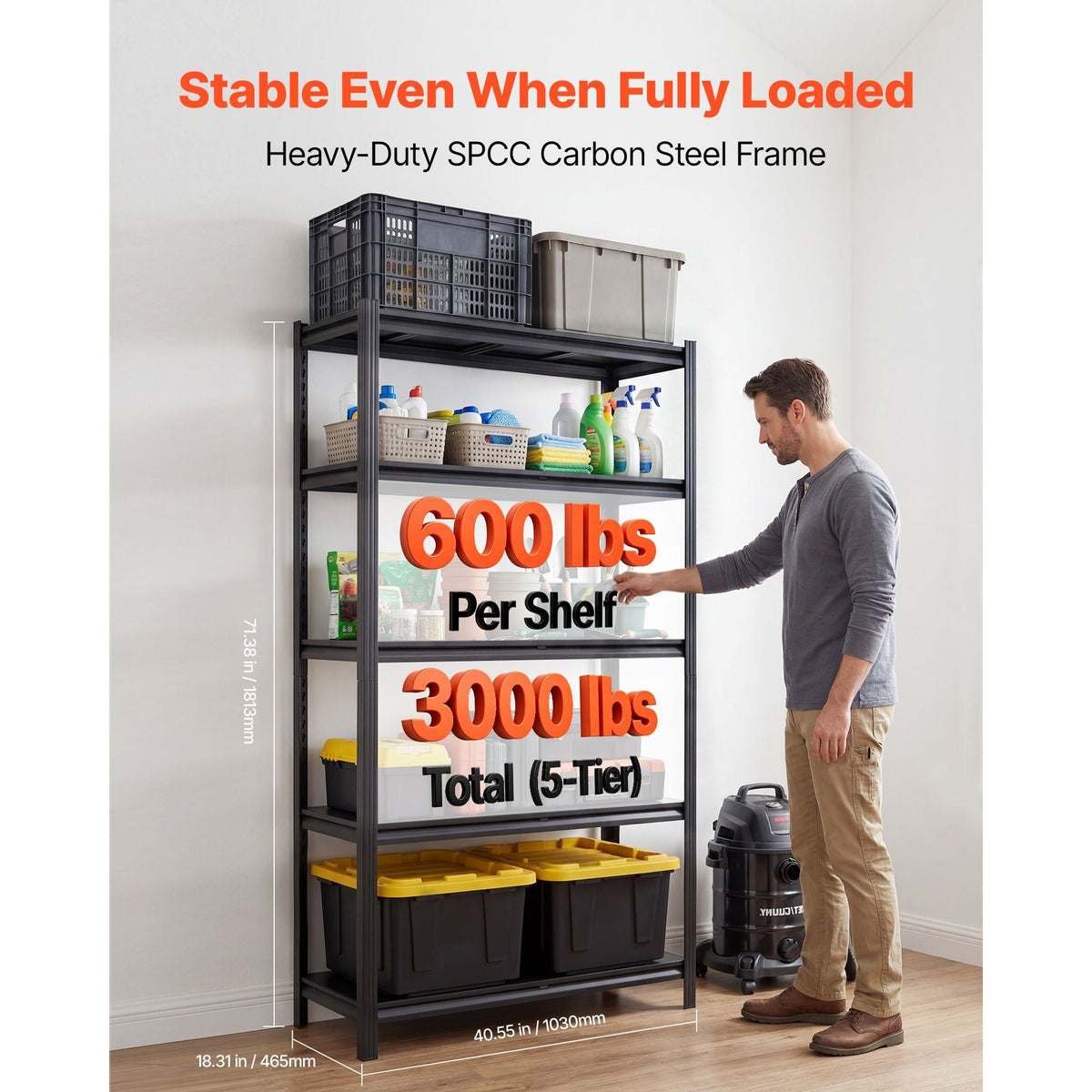 Storage Shelves, 5-Tier Adjustable, 3000 lbs Capacity, Heavy Duty Garage Storage Shelving Unit, Metal Utility Rack Shelf, for Garage Warehouse Basement Kitchen, 40.55" W x 18.31" D x 71.38" H