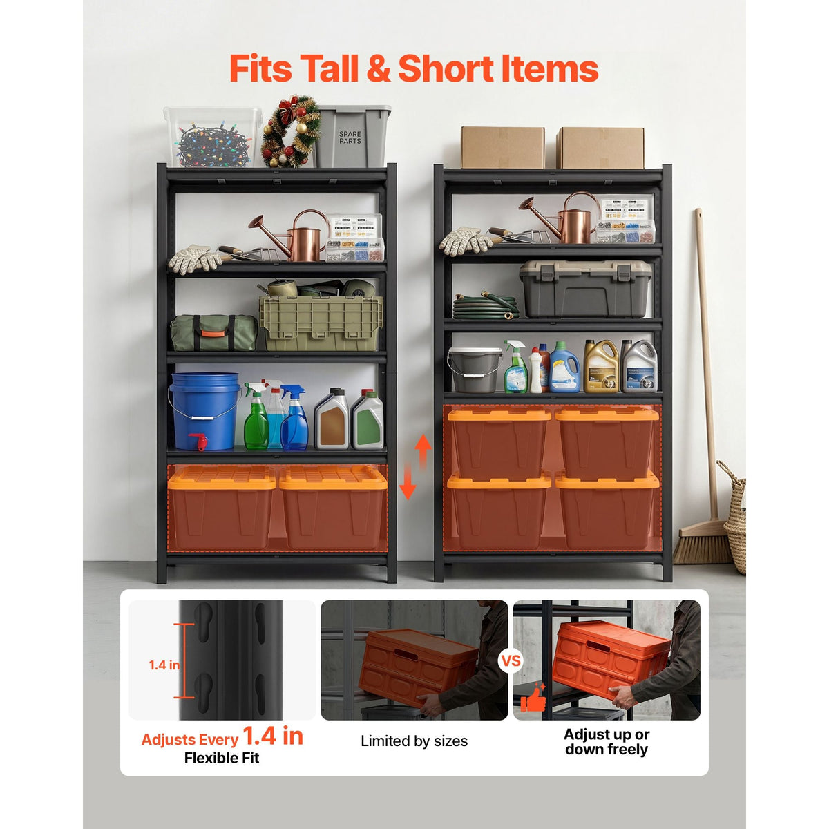 Storage Shelves, 5-Tier Adjustable, 3000 lbs Capacity, Heavy Duty Garage Storage Shelving Unit, Metal Utility Rack Shelf, for Garage Warehouse Basement Kitchen, 40.55" W x 18.31" D x 71.38" H