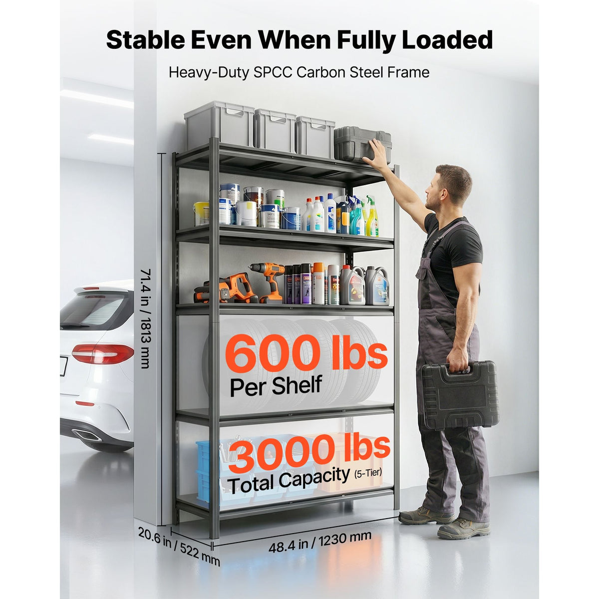 Storage Shelves, 5-Tier Adjustable, 3000 lbs Capacity, Heavy Duty Garage Storage Shelving Unit, Metal Utility Rack Shelf, for Garage Workshop Warehouse Basement, 48.43" W x 20.55" D x 71.38" H