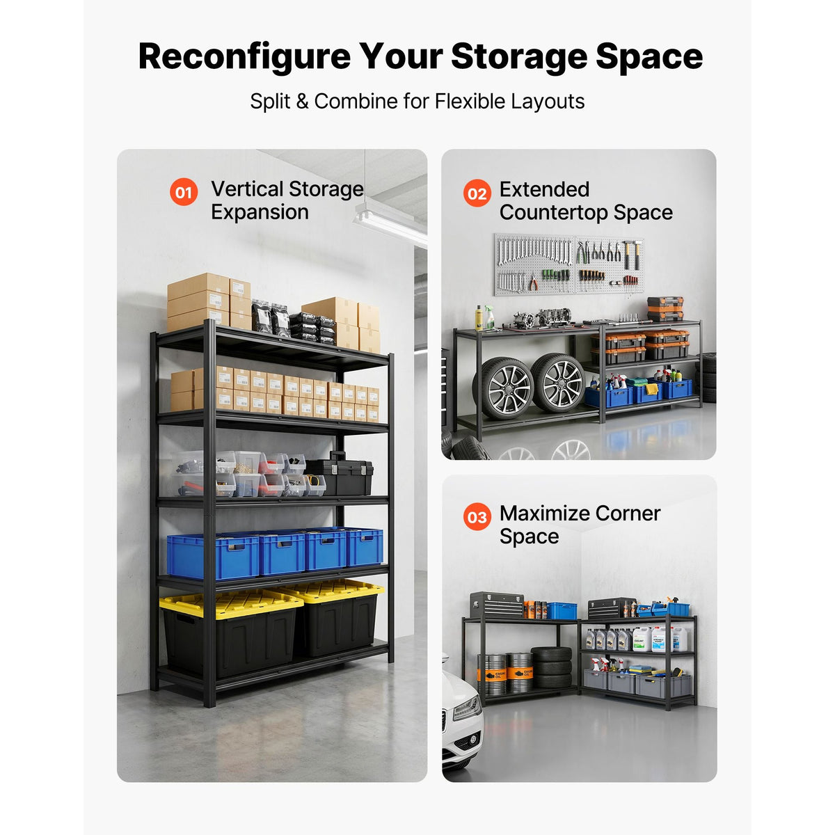 Storage Shelves, 5-Tier Adjustable, 3000 lbs Capacity, Heavy Duty Garage Storage Shelving Unit, Metal Utility Rack Shelf, for Garage Workshop Warehouse Basement, 48.43" W x 20.55" D x 71.38" H